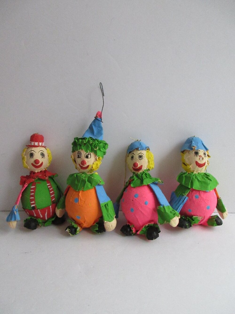 4 Paper Mache Clown 4.5" Christmas Ornaments Vintage Taiwan ROC *READ*
